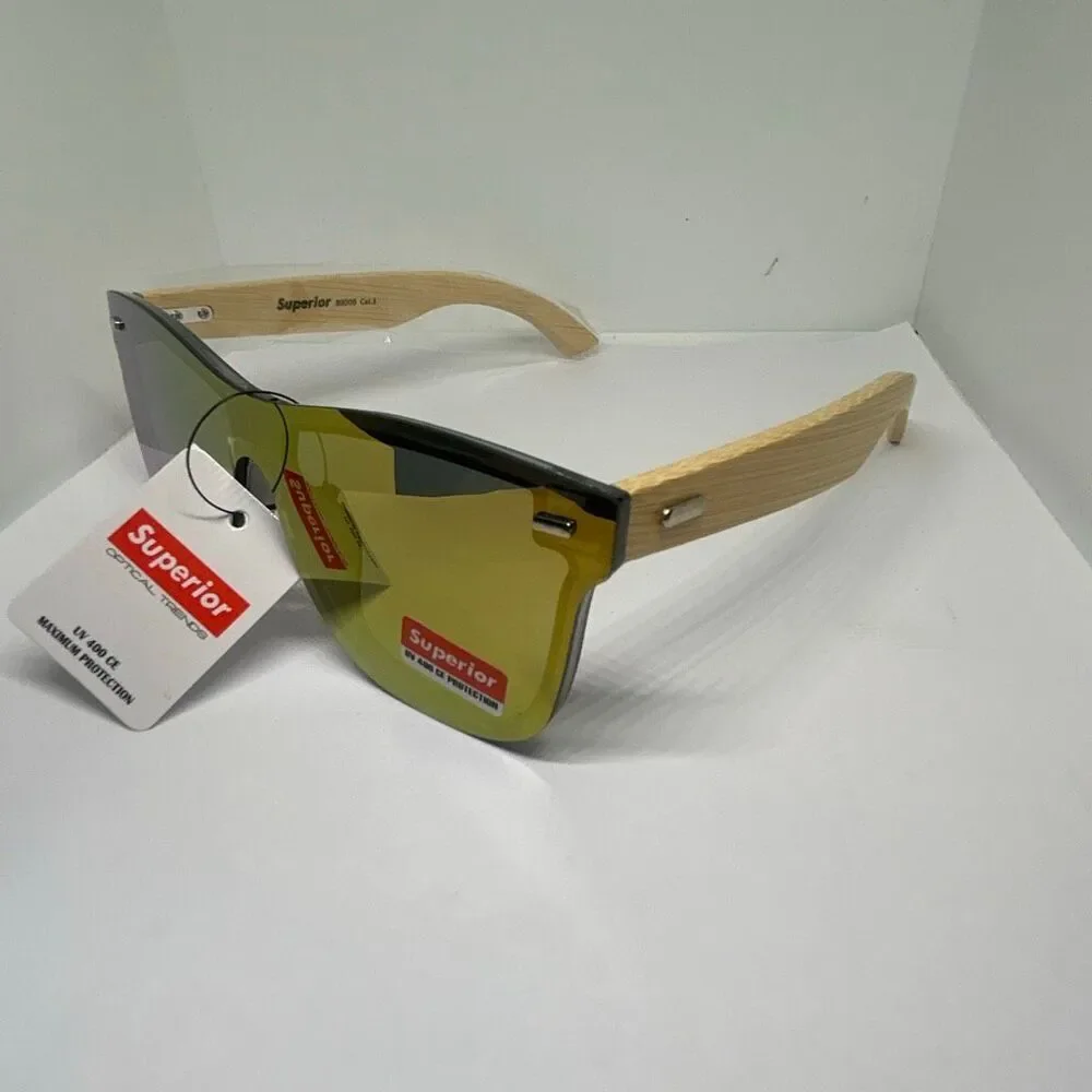 Superior Bamboo Mirrored  UV400 Rimless Shield Sunglasses Eco-Friendly Wooden Ar